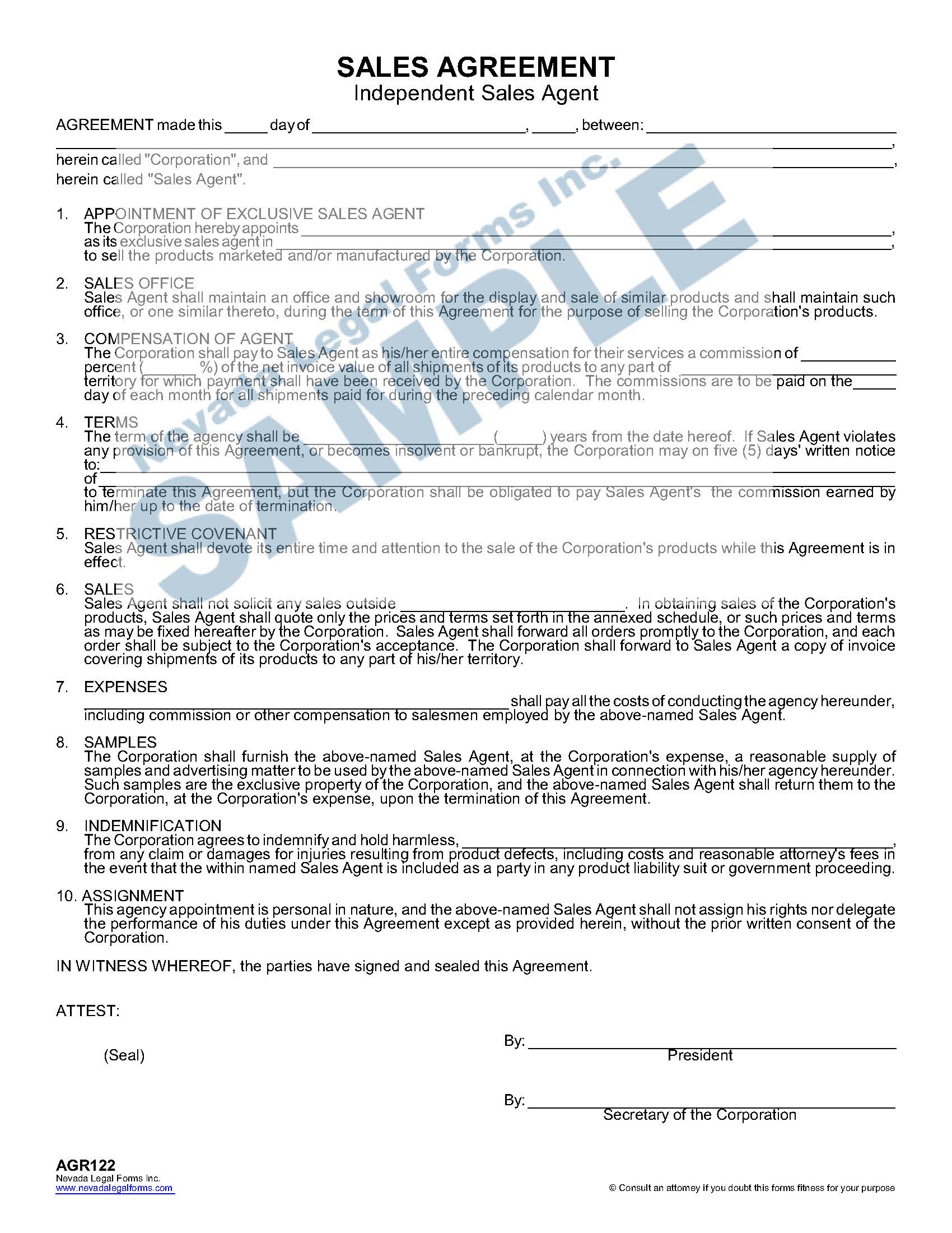 Sales Agreement Independent Sales Agent Nevada Legal Forms Services