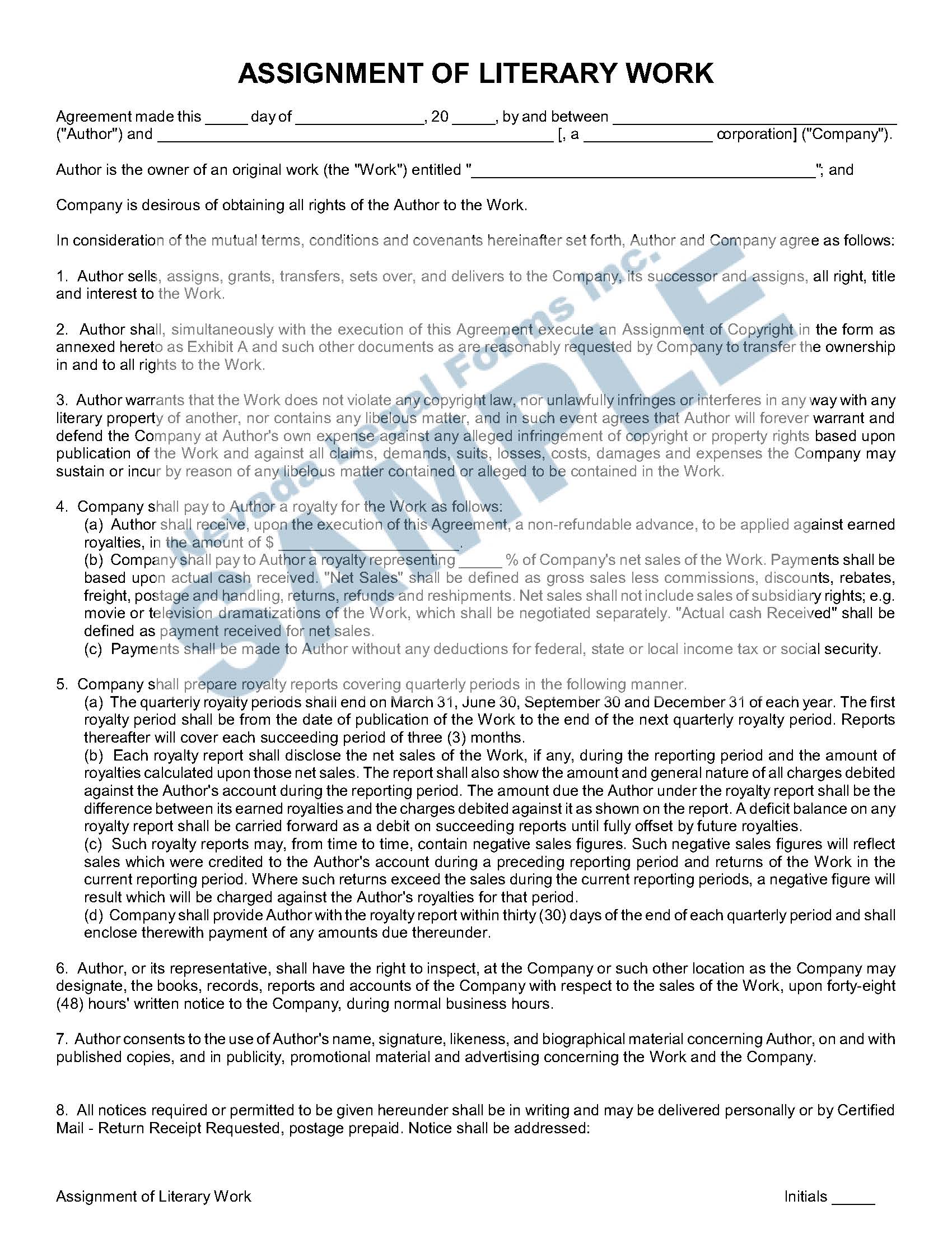 Literature Filing Example ASSIGNMENT OF LITERARY WORK | Nevada Legal Forms & Services