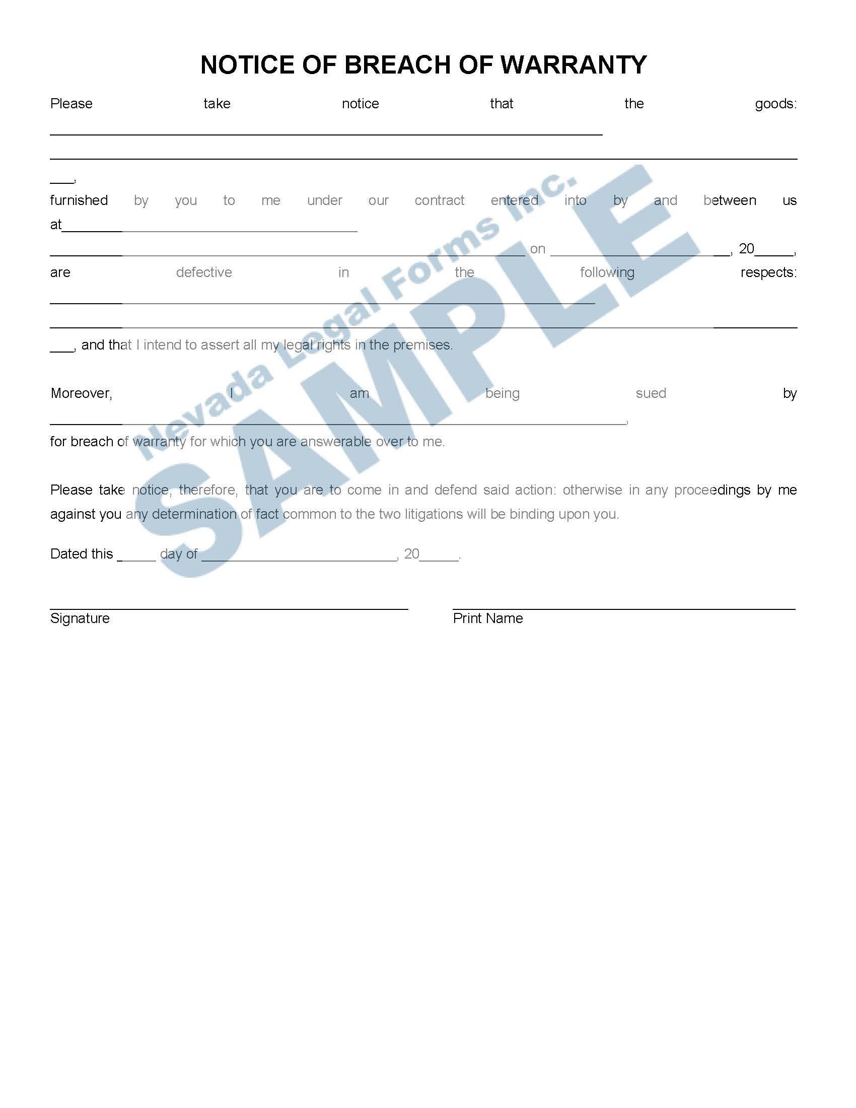 NOTICE OF BREACH OF WARRANTY Nevada Legal Forms &amp; Services